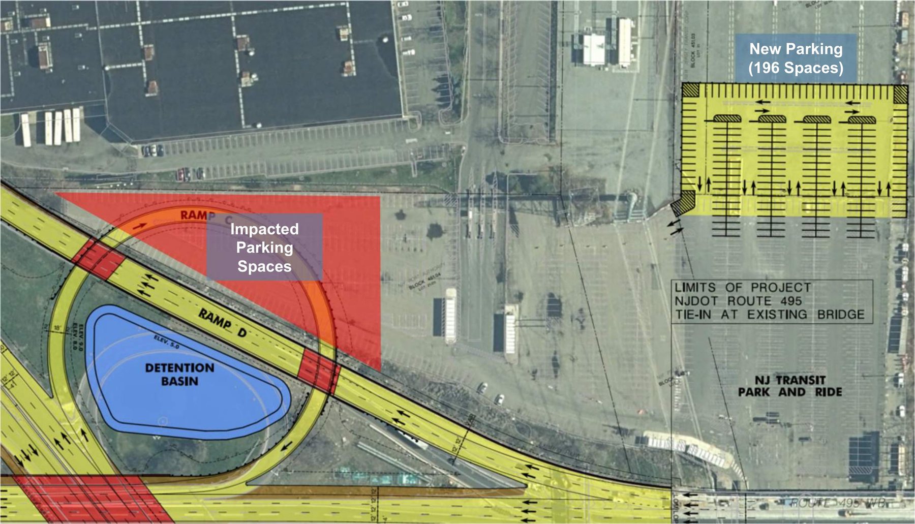 Plano aéreo del estacionamiento North Bergen Park & Ride de NJ Transit que muestra el área de estacionamiento afectada y la nueva área de 196 espacios.