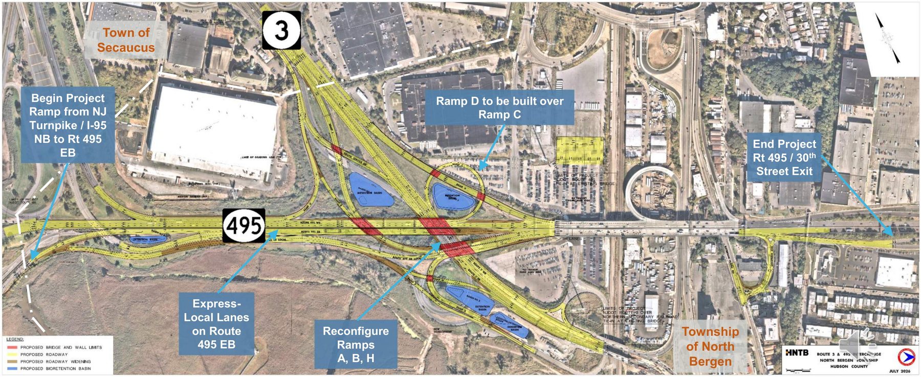 Plano aéreo de toda el área del proyecto con rótulos de los puntos de inicio y fin, los carriles exprés y locales en la Ruta 495 este, la Rampa D sobre la Rampa C, y las Rampas A, B y H reconfiguradas.
