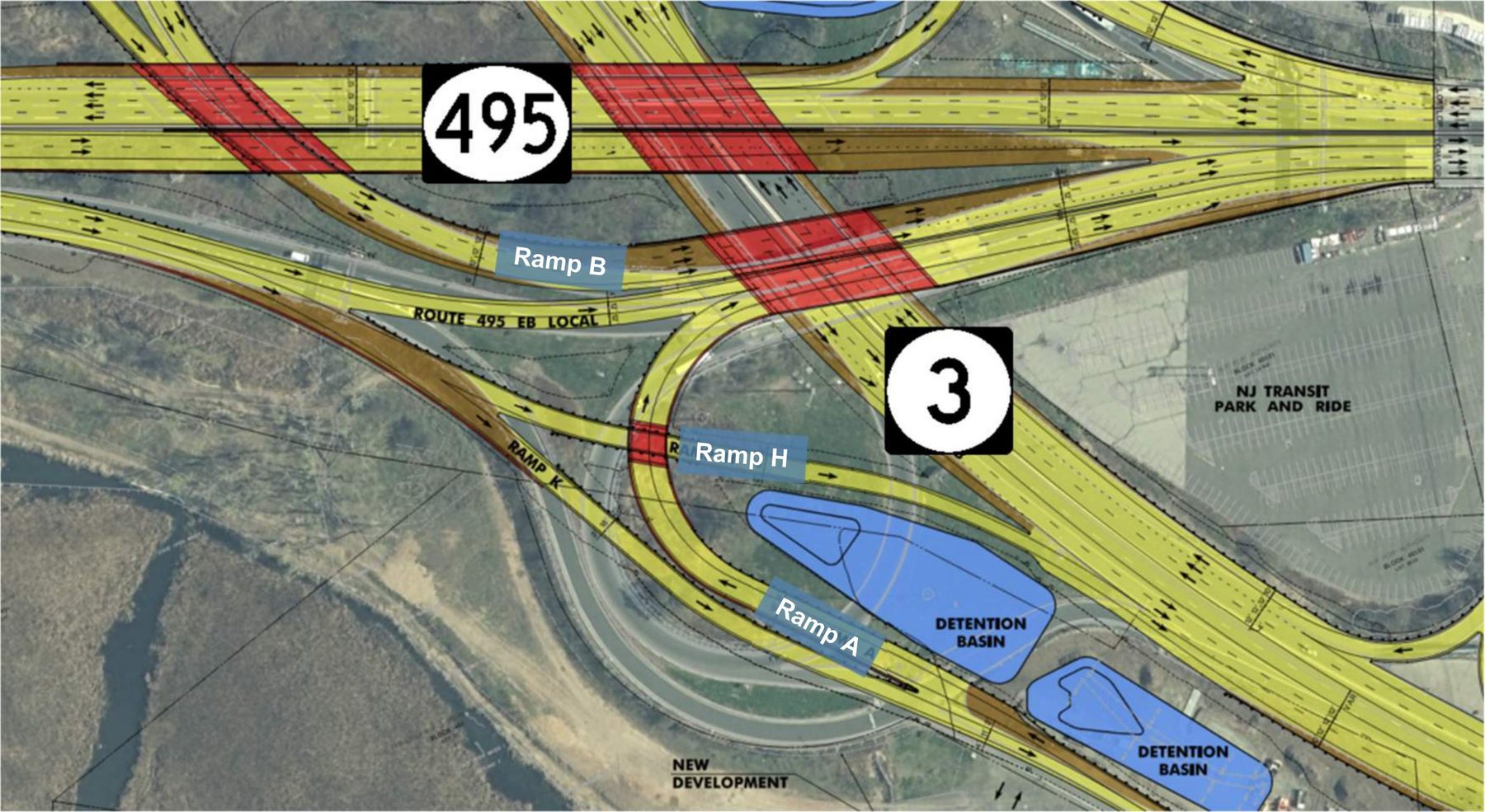 Plano aéreo de las Rampas A, H y K donde la Ruta 3 se encuentra con la Ruta 495, con el estacionamiento Park & Ride de NJ Transit cerca.